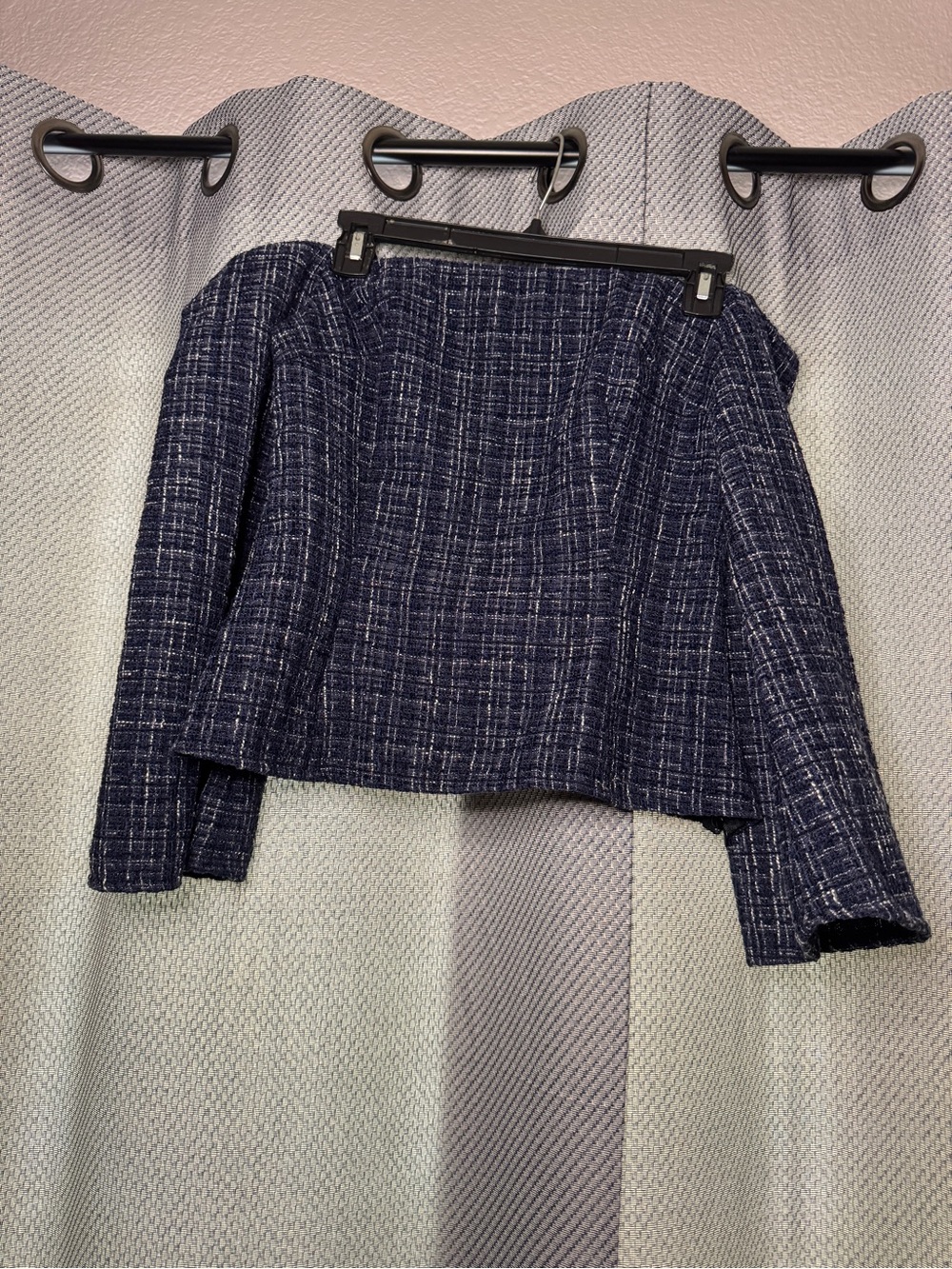 Zara Navy Blue Off the Shoulder Tweed Top
